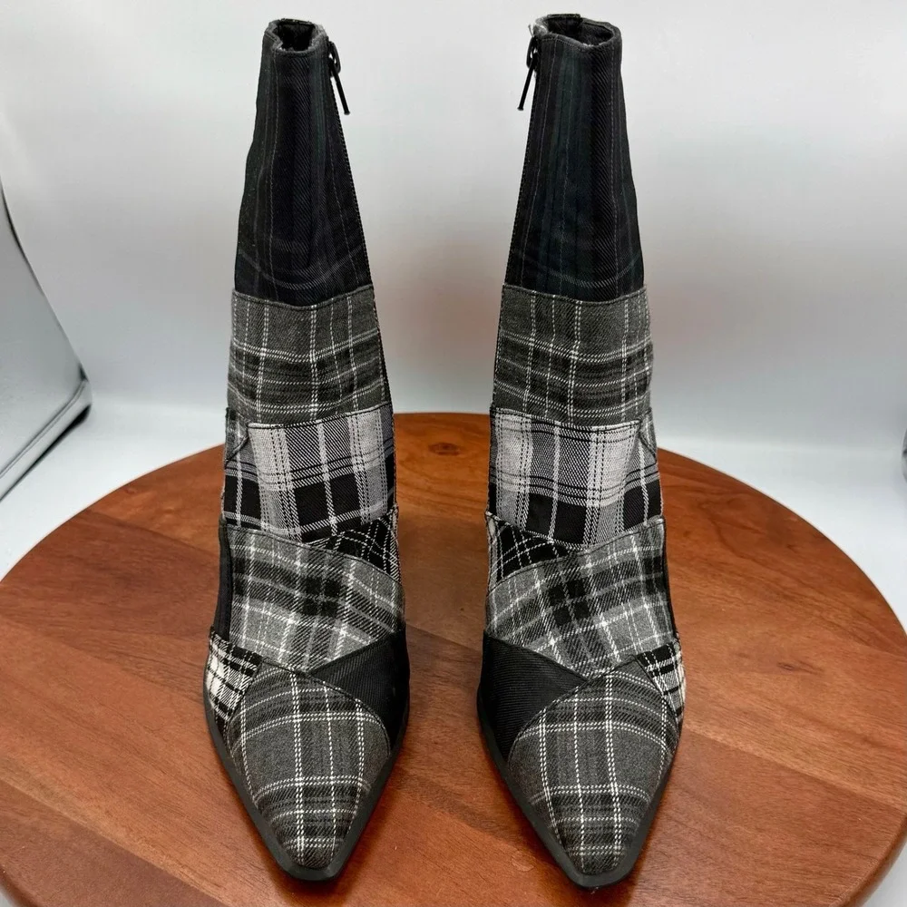 Jeffrey Campbell Siren Plaid Patchwork Ankle Boots Pointed Toe Black‎ Gray W 9